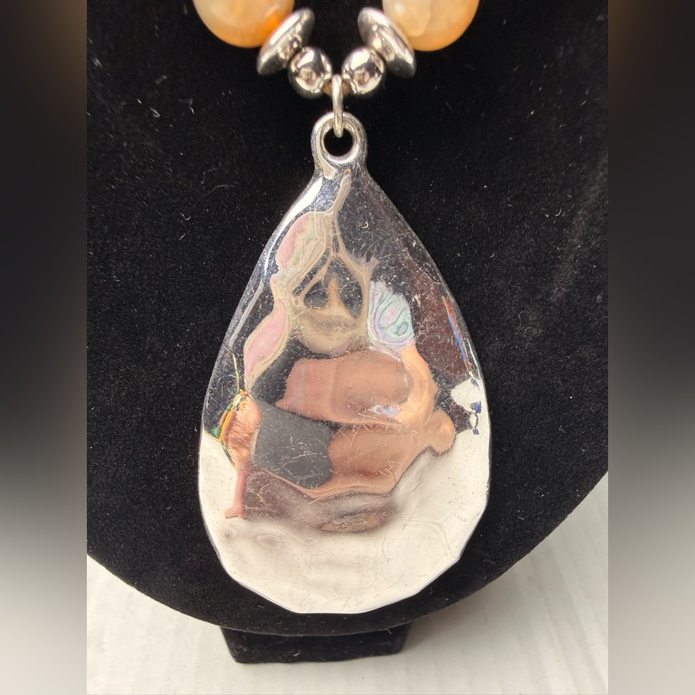 Hammered Silver Tone Teardrop Pendant Bohemian Artisan Handmade Necklace Beaded - Picture 2 of 8
